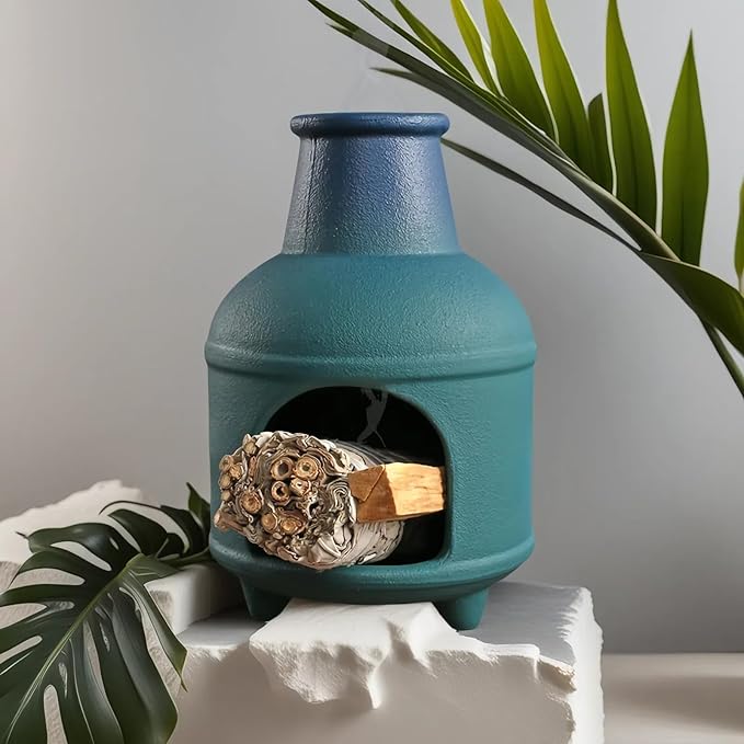 Handmade Blue Ceramic Palo Santo Holder Burner & Sage Holder - Mini Tabletop Chiminea Burner Tray with Ash Catcher, Decorative Incense Holder for Spiritual Meditation & Yoga