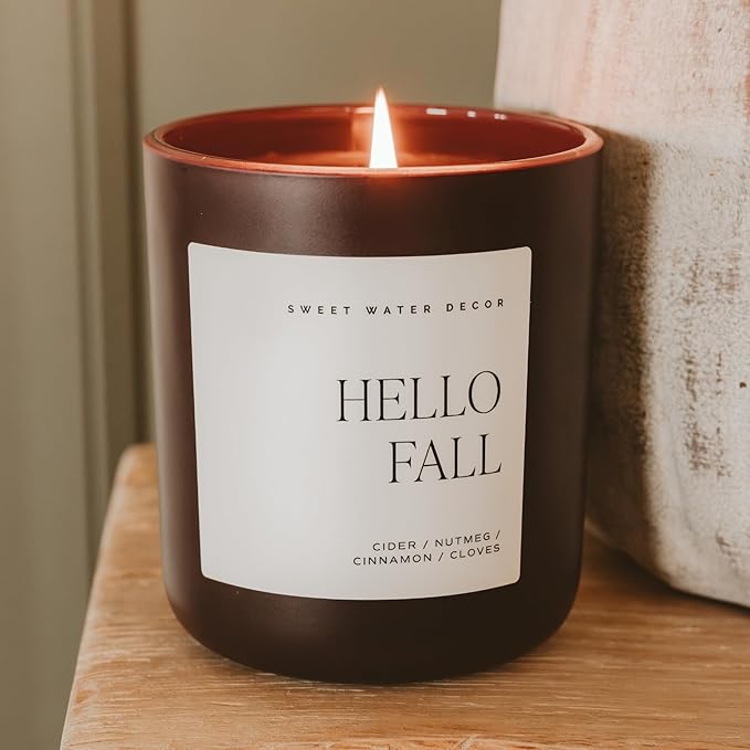 Sweet Water Decor Hello Fall Candle, Large 15oz Jar, Non-Toxic Soy Blend Wax Scented with Apple Cider & Spice, Long-Lasting Autumn Candle, Fall, Halloween & Thanksgiving Gift for Women, 70+ Hour Burn - Bloomnest
