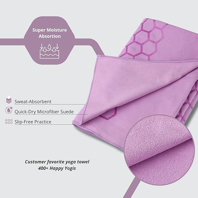 Clever Yoga Hot Yoga Mat Towel – Non-Slip Grip for Hot Yoga, Sweat Absorbent, Honeycomb Silicone Grip, Stays Flat – Ideal for Pilates, Travel, Washable & Lightweight - Lilac