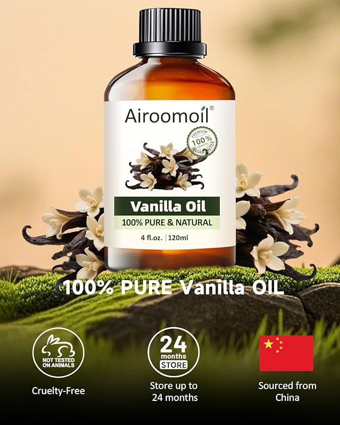 Vanilla Essential Oil for Diffuser & DIY, 100% Pure Natural Vanilla Oil, Warm Soft Scent, Large 4 fl oz for Candle Making, Soap, Perfume, Room Aroma, Adjustable Intensity, Glass Dropper Airoomoil