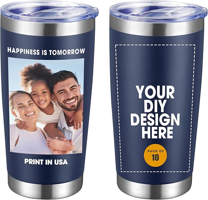 Personalized Custom Tumbler Print in USA 10 Pcs 20oz Stainless Steel Coffee Cup with Lid & Straw Double Wall Insulated Tumbler with Colorful Text Logo Photo - Bloomnest