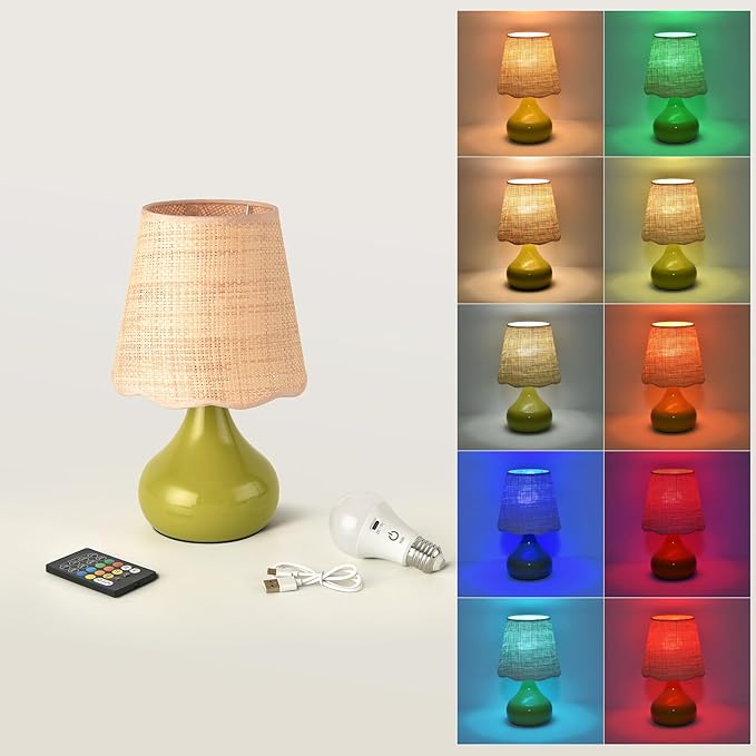 Cordless Table Lamp Rechargeable, Green Mini Cute Table Lamp for Nightstand, Battery Operated Small Table Lamp for Small Spaces for Kitchen Counter, Bookshelf, Bedside, Bedroom, Living Room - Bloomnest