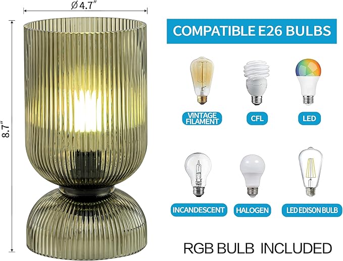 Modern RGB Glass Table Lamp with Remote，Color Changing Bedside Lamp with Green Glass Shade, 16 Colors, On/Off Cord Switch, Nightstand Lamp for Bedroom, Living Room, Office,Bulb Included - Bloomnest