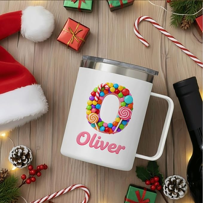 Personalized Kids Mug with Name, 12oz Insulated Tumbler with Handle, Custom Candy Initial Cup, Cute Birthday Christmas Gift for Girls, Boys, Her, Stocking Stuffer (B03) - Bloomnest
