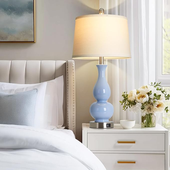 27" Blue Gourd Ceramic Lamps Set of 2, Coastal Ceramic Table Lamps for Living Room with USB A+C Ports, Classic Bedside Lamp for Nightstand, Tall Lamps for Bedroom Side End Table Home Decor - Bloomnest