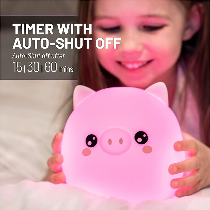 Lumipets Remote Control Silicone Night Light for Kids - Pig Design with 9 Soft Colors & Sleep Timer - Rechargeable, Battery-Operated Lamp for Bedroom | Baby Nursery, Toddler, Girls, Boys - Bloomnest