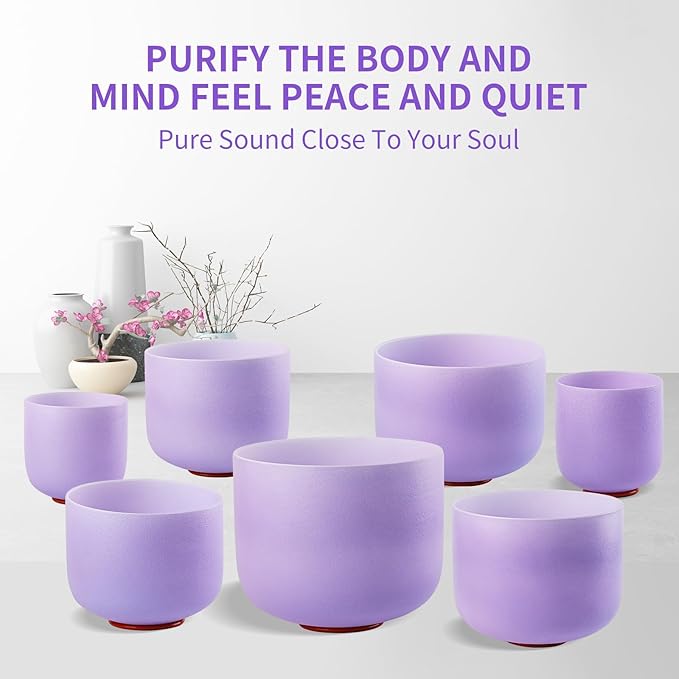 432HZ 6-12 Inch Purple Color Frosted Quartz Crystal Singing Bowls Chakra Set of 7 with Carry Case Bags for Sound Healing and Meditation