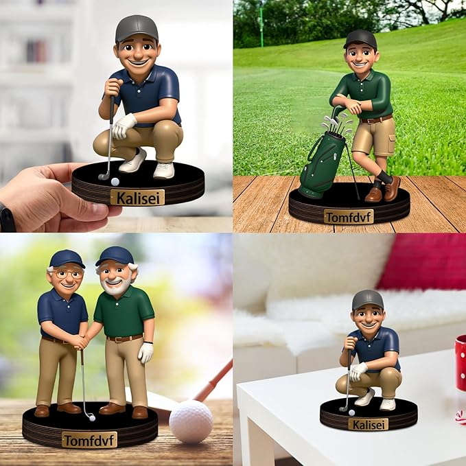 Custom Golf Photo Cartoon Style Desk Decor with Wooden Base, Personalzied Golf Lover Cartoon Photo Picture Portrait Sculpture Frame Acrylic Sign Plaque Gifts for Women Men Couple Family - Bloomnest