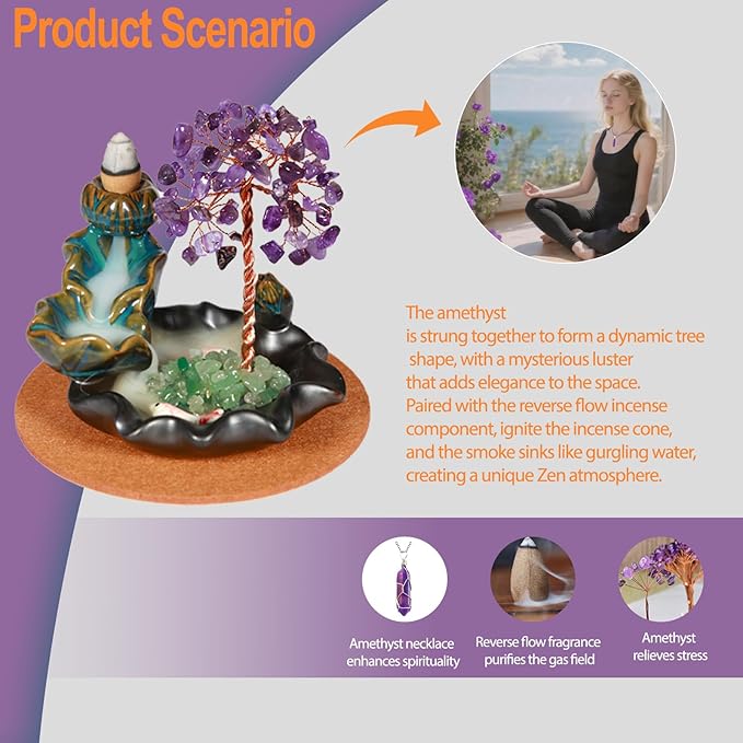 Amethyst Incense Holder Burner, Waterfall Fountain Backflow Cone Burner, Healing Crystal and Stone, Women Gifts for Christma - Bloomnest