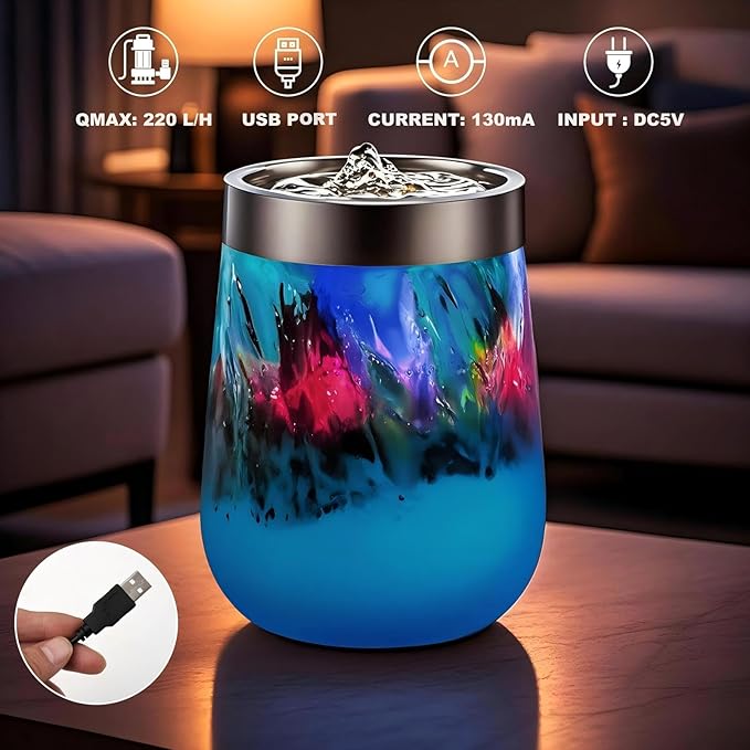 VOREEN Handblown Glass Tabletop Fountain – Blue Glass Fountain with Color-Changing Glow – Artistic Indoor Water Feature with Optional Aromatherapy for Home, Spa, Office Décor - Bloomnest