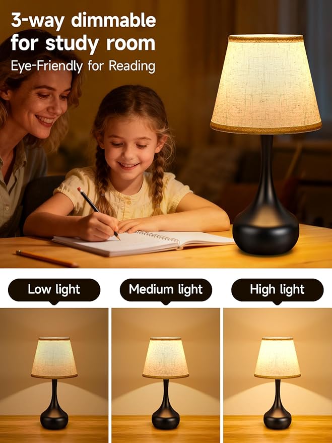 Touch Table Lamp for Bedroom Set of 2, Farmhouse 3-Way Dimmable Table Lamps for Nightstand with Fabric Shade, Lamps for Living Room，Desk Lamps for Home Office, Black Lamp for Bedroom - Bloomnest