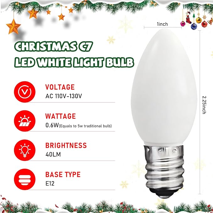 C7 LED White Replacement Bulbs,25 Pack 0.6w White Christmas Light Replacement Bulbs With E12 Base,Warm White Light Bulbs For Candelabra Window Candle Chandelier Night Lights Christmas String Lights - Bloomnest