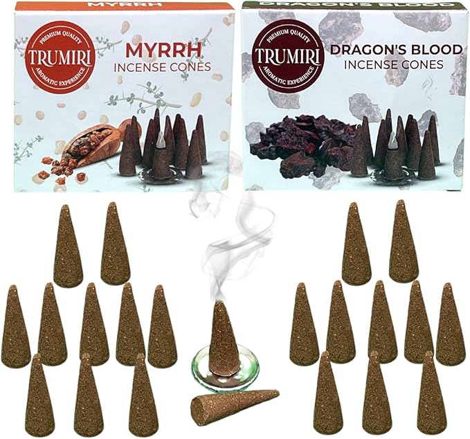 TRUMIRI Incense Cones - Combo Pack of 20 Cone Incense - 10 Myrrh + 10 Dragons Blood - Insence Cones - Incense Cones Scented - Cone Incense Scents - Insense Cones - Incent Cone TRUMIRI