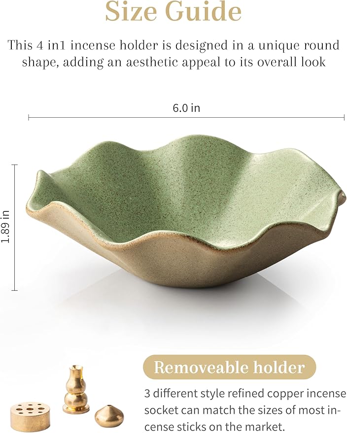 Incense Holder with 3 Incense Sockets 6 Inch Incense Burner 4 in 1 Insence-Stick Holder Lotus-Shaped Bowl Incense Holder for Sticks Modern Incense Cone Burner for Yoga, Green