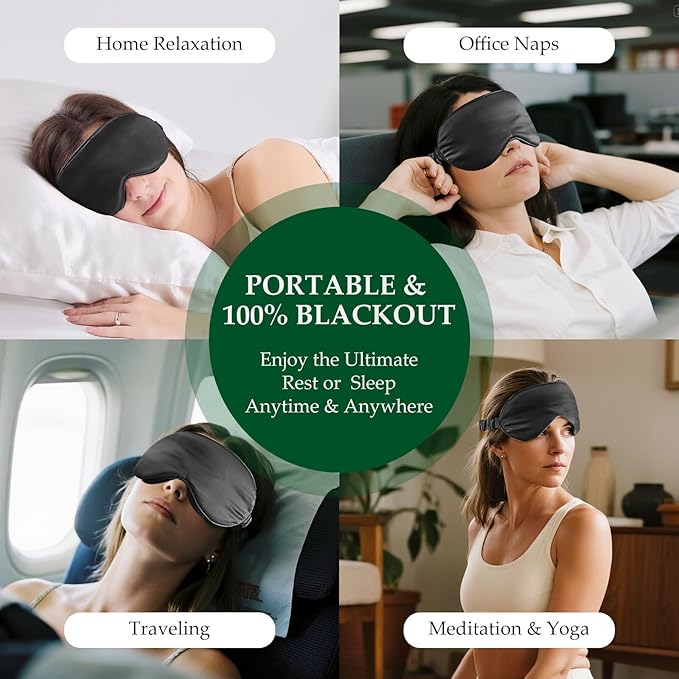 100% 22 Momme Mulberry Silk Sleep Mask with Adjustable Strap, 3D Contoured Cup Silk Eye Mask for Sleeping, Total Black Out, Black - Bloomnest