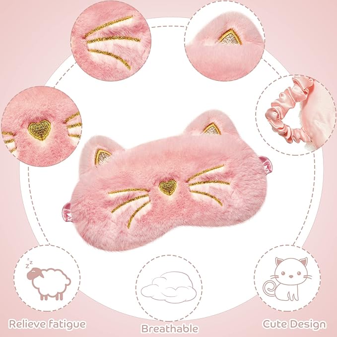 3 Pieces Sleep Mask for Kids, Girls Plush Sleeping Eye Cover Soft Eye Blindfold Cover Animal Shade for Kids(White, Pink and Rainbow Color,Cat Style) - Bloomnest
