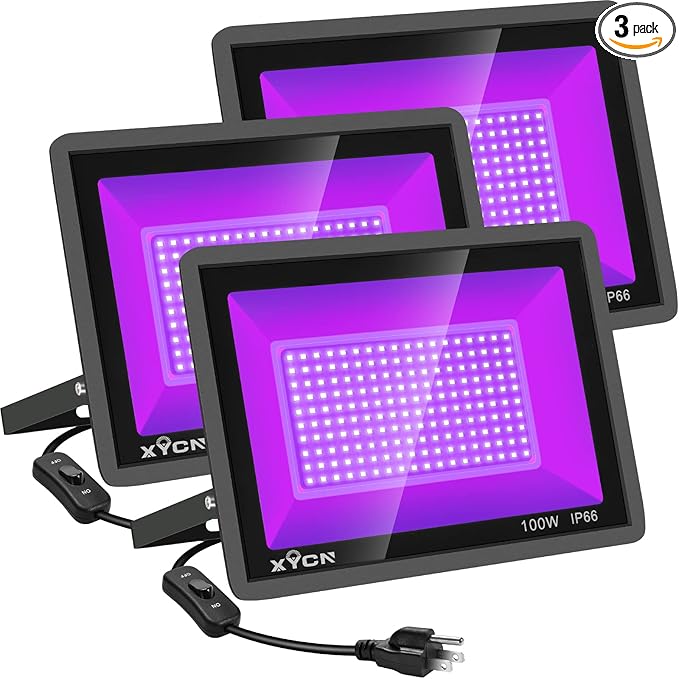 3 Pack 100W LED Black Light, Blacklight Flood Light with Plug and Switch, IP66 Waterproof Neon Glow for Party, Halloween, Fluorescent Poster, Body Paint, Aquarium - Bloomnest