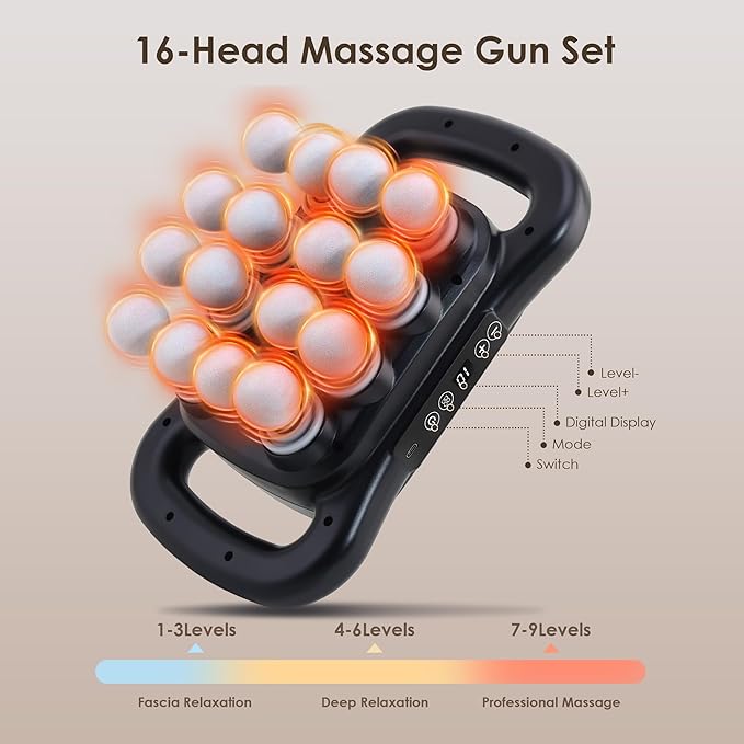 16-Head Massage Gun Set, Deep Tissue Percussion Massager, Electric Massage Tools with 9 Styles & Levels, Black - Bloomnest