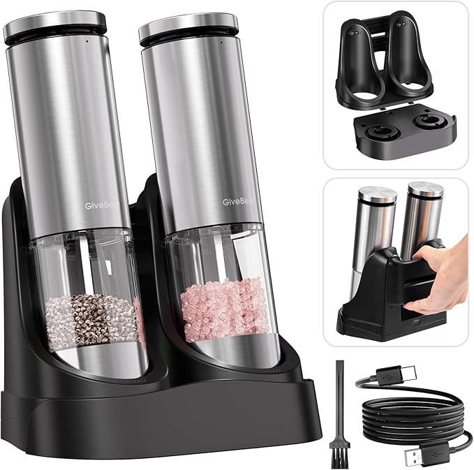 GiveBest Electric Salt and Pepper Grinder Set with Easy-to-Carry Charging Base and LED Light, Automatic Salt and Pepper Grinder Set, Adjustable Coarseness, USB Rechargeable, Washable Container - Bloomnest