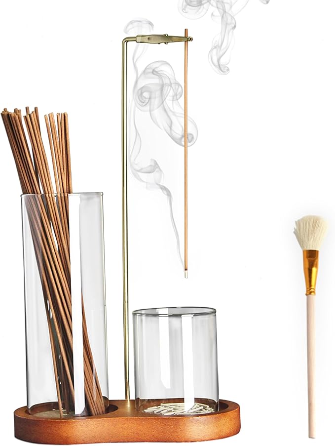 2 in 1 Incense Holder for Sticks with Glass Ash Catcher, Anti-ash Incense Burner for Yoga Meditation Spa Room Decor, Includes Ash Brush