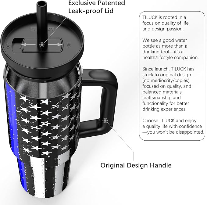 TILUCK 40 oz Tumbler with Handle, Vacuum Insulated Stainless Steel Travel Mug with 100% Leak-Proof Silicone Straw Lid, Cupholder Friendly Water Bottle(BlackFlag, 40oz)