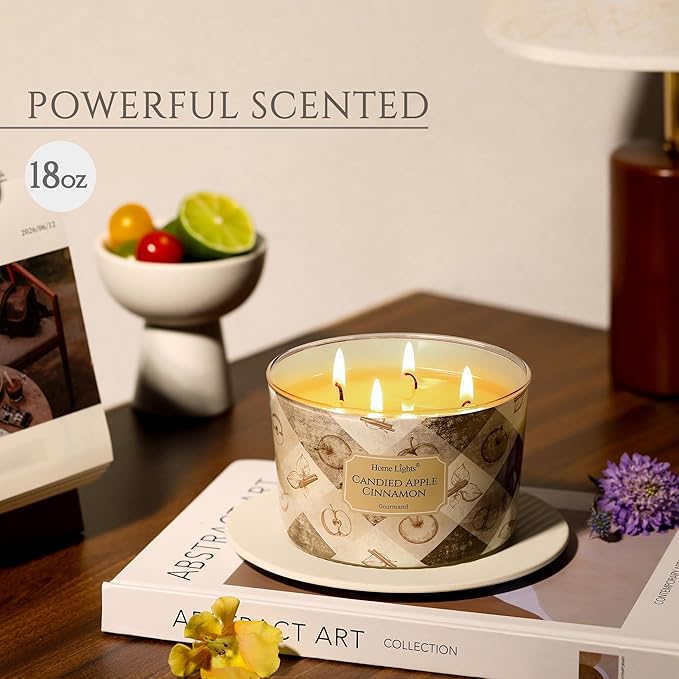 HomeLights Large jar Candle | 4-Wick Long-Lasting Scented Candles, 18oz Natural Soy Wax Candle for Home Scented, Rustic Modern Gifts for Women & Men, Candied Apple Cinnamon - Bloomnest