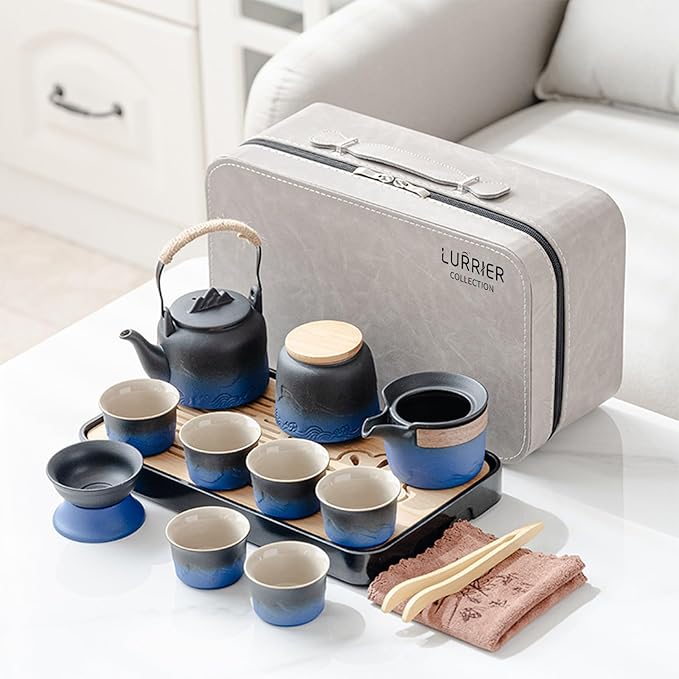 LURRIER Gongfu tea sets, Portable Ceramic TeaSet, Asian Tea sets for adult, Tea Gift sets, Grey leather case, Portable Travel Bag,Home,Gifting,Outdoor and Office(Black and Blue) - Bloomnest