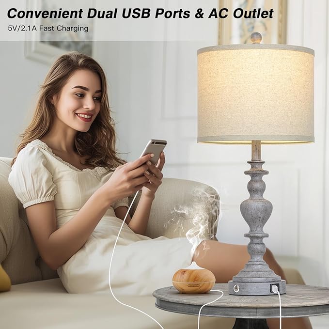 27" Tall Table Lamps for Living Room, 3-Way Dimmable Touch Control Farmhouse Vintage Table Lamps Set of 2 with USB C+A Ports and AC Outlets, Rustic Bedside Nightstand Lamp for Bedrooms Office Grey - Bloomnest