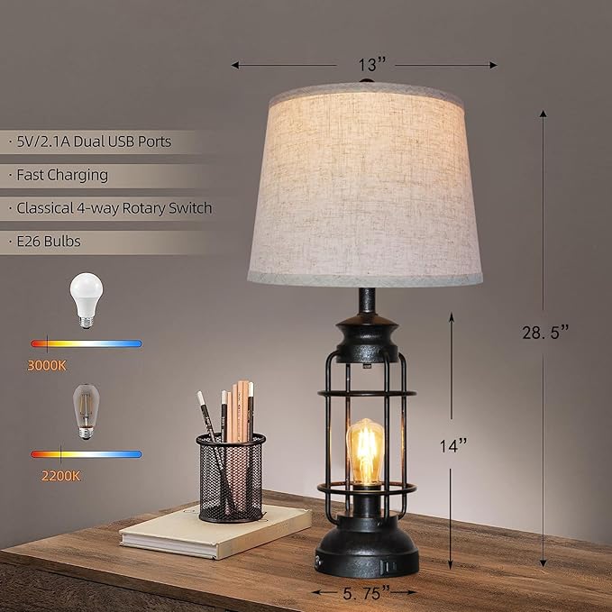 Table Lamps Set of 2 with USB Port 3 Way Dimmable Touch Lamps 28.5" Tall Rustic Industrial Living Room Lamps for Bedroom Bedside Office 4 Bulbs Included - Bloomnest