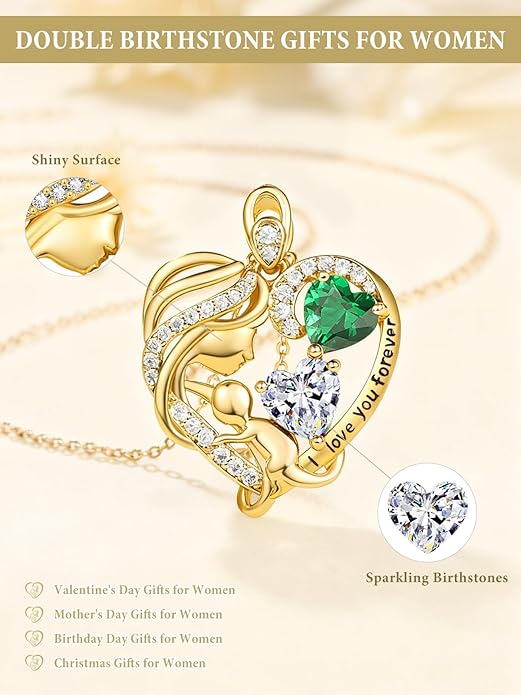 14K Gold Double Birthstone Heart Necklace for Women Mom, Mother Son/Daughter Pendant Necklace for Christmas Mother's Day Birthday Gifts for Wife Daughter Grandmom - Bloomnest