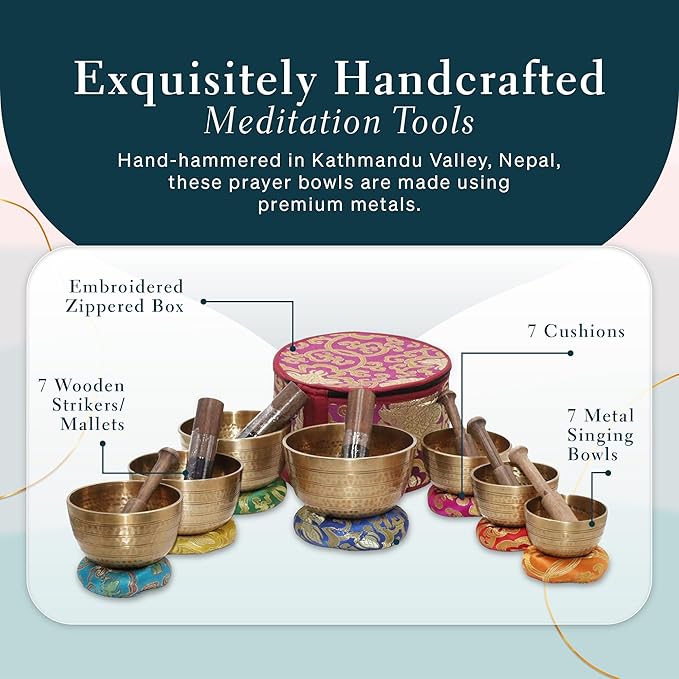 Tibetan Singing Bowl Set of 7, Handcrafted Singing Bowl for Meditation & Holistic Healing, Yoga Accessories, 3-5” Gold Singing Bowls with Wooden Striker, Cushion & Purple Carry Box - Bloomnest