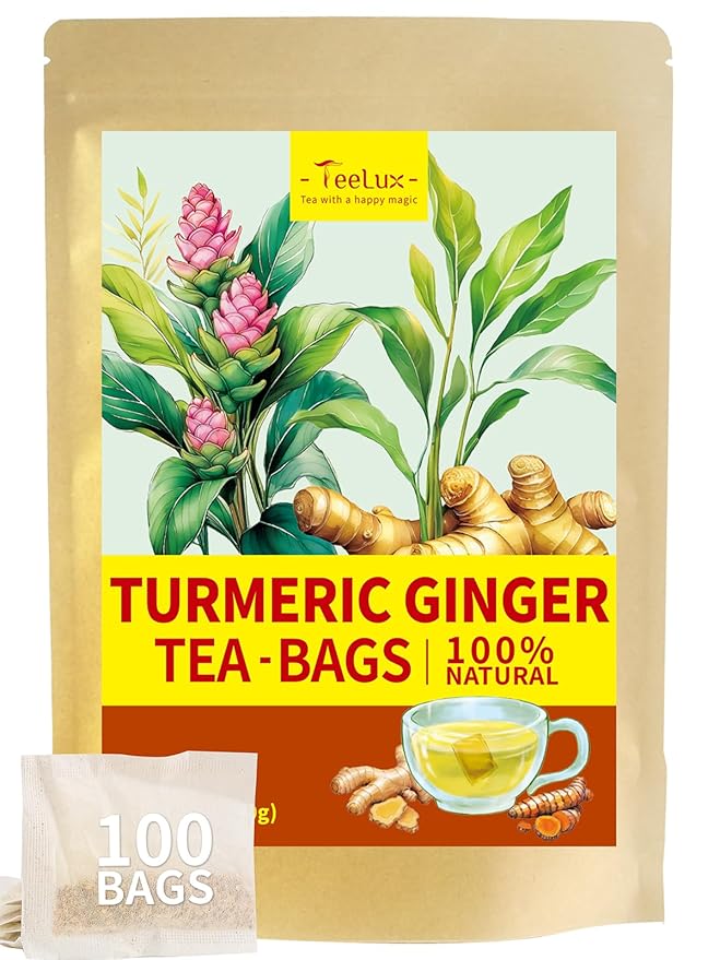 TeeLux Turmeric Ginger Tea Bags, Pure Natural Turmeric Ginger Herbal Tea, Spicy & Smooth Flavor, Caffeine Free, 100 Count - Bloomnest
