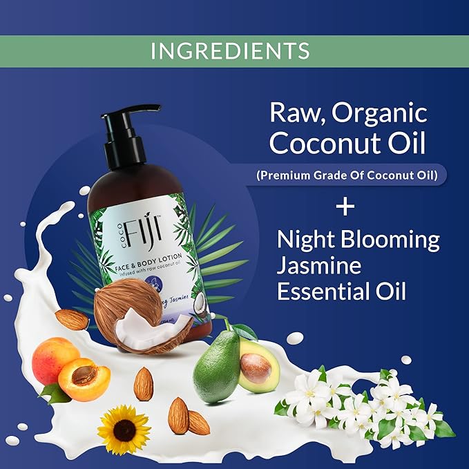 Coco Fiji Face & Body Lotion Infused With Coconut Oil | Lotion for Dry Skin | Moisturizer Face Cream & Massage Lotion for Women & Men | Night Blooming Jasmine 12 oz, Pack of 3 - Bloomnest