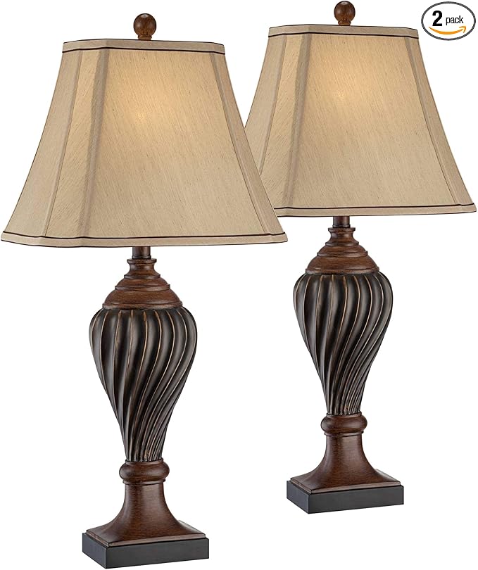 Regency Hill Carved 28 1/2" Tall Urn Traditional End Table Lamps Set of 2 Two-Tone Brown Finish Beige Shade Living Room Bedroom Bedside Nightstand House Office Home Kitchen Entryway Console Family - Bloomnest