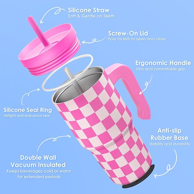 Checkered Tumbler 20oz with Handle and Silicone Straw Lid for Kid, Reusable Stainless Steel Water Bottle, Spill Proof and Leak Resistant, Gift for Kids Girls - Bloomnest