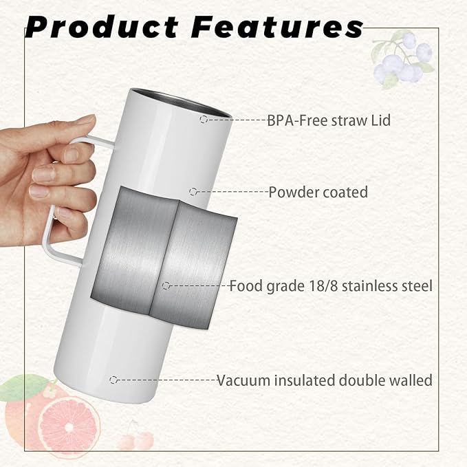 4 Pack 20 oz Sublimation Blank Tumbler with Handle and Straw Stainless Steel Double Vacuum Insulation Skinny Mug Heat Press Transfer Printing DIY Cups - Bloomnest