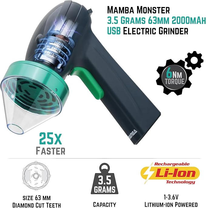 Mamba Monster 3.5g USB Electric Herb Grinder. Large Capacity Portable Metal Herbal Machine & Spice Mill for the Kitchen (Green) - Bloomnest