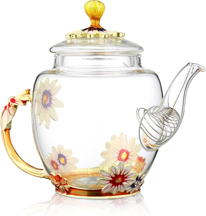 Glass Teapot -300 ml (10 oz), Flower Decoration Heat Resistant Glass Teapot Kettle with Golden Leaf Edge Color Floral Pattern Retro Teapot Tea Party Set (Pink) - Bloomnest