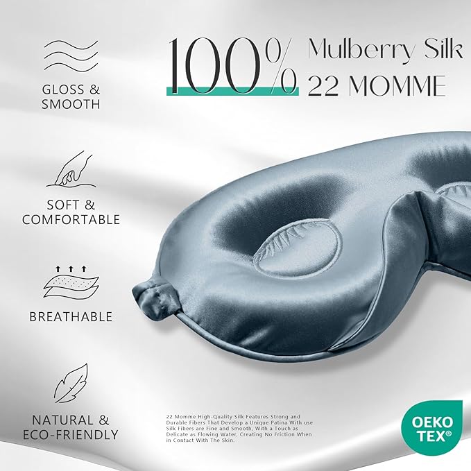 ZIMASILK Adjustable 22 Momme 100% Mulberry Silk Sleep Mask, Upgraded 3D Contoured Cup Eye Mask for Sleeping, Super Soft & Breathable Blindfold, Blackout for Deep Sleeping (Blue Haze) - Bloomnest