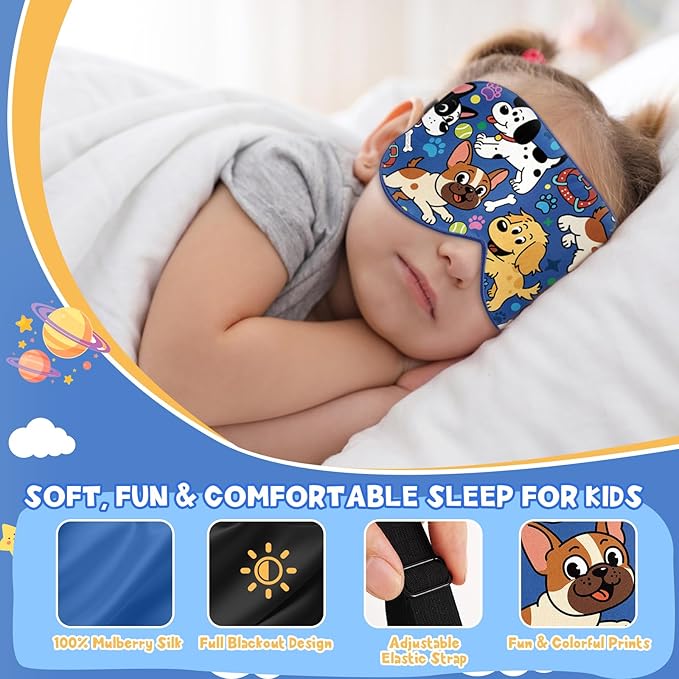 Silk Kids Sleep Mask: 100% Mulberry Silk Eye Mask, Sleeping Masks with Adjustable Strap, Soft & Light-Blocking Printed Kid Eye Cover for Boys Girls Teens Aged 5-15 (Puppy Theme) - Bloomnest