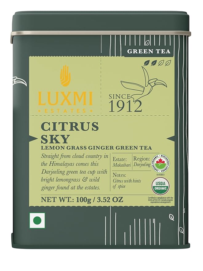Luxmi Estates Citrus Sky Green Tea 100gm Tin | Certified Organic Darjeeling Green Tea - Bloomnest