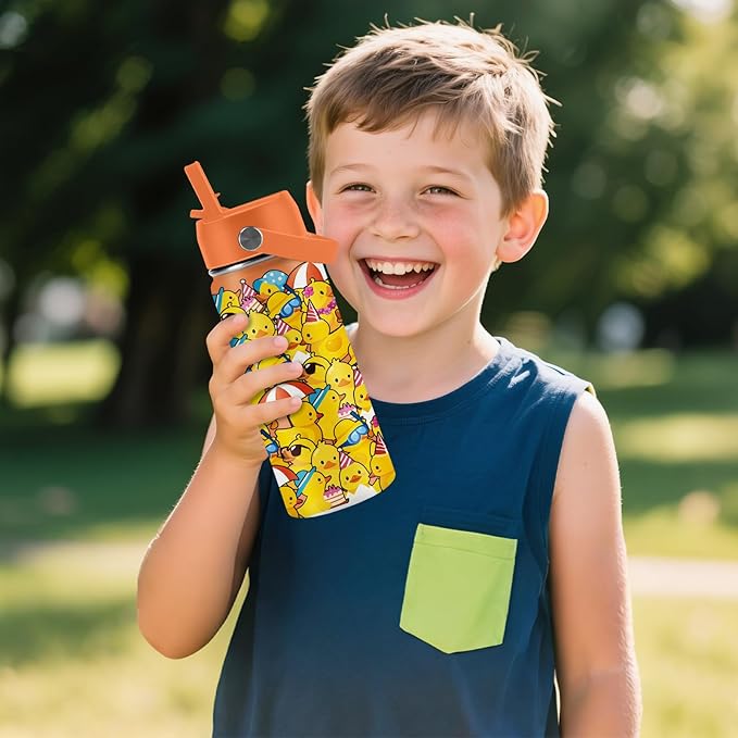 Duck Gifts for Boy Girls - 16oz Kids Water Bottle with Straw, Rubber Duck Stainless Steel Water Bottles Insulated, BPA-free, Leak-proof, Cute Cartoon Tumbler for School, Travel, Children Gift Cup(1pc) - Bloomnest