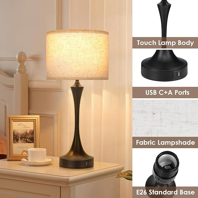 GGOYING 22” Set of 2 Touch Control Table Lamp with USB A+C Ports, 3-Level Dimmable Bedside Lamp with Fabric Lampshade, 3000K LED Bulbs, Nightstand Lamp for Bedroom Livingroom Office, Black - Bloomnest