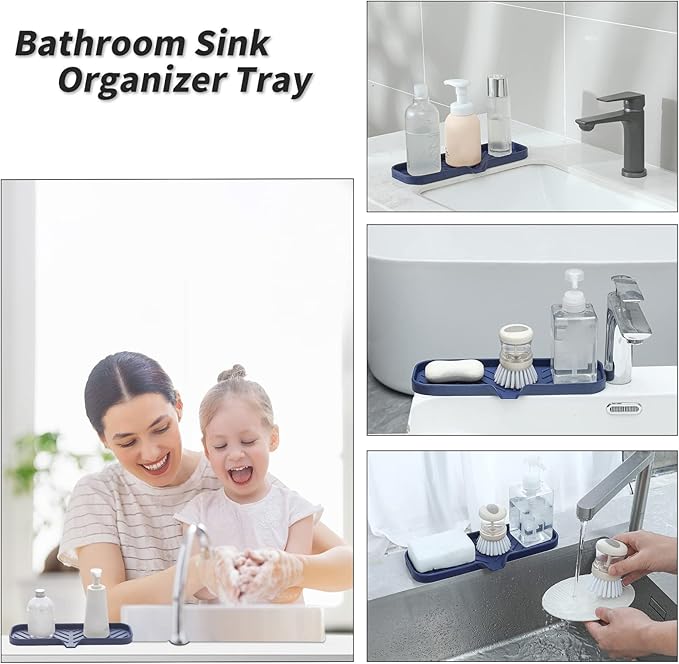 Silicone Bathroom Soap Dishes with Drain Spout-Kitchen Sink Organizer,Sponge Holder,Dish Soap Tray,Perfect for Dispenser,Scrubber,Bottle,Cup on Sink or Counter-Navy Blue 12"×4" - Bloomnest