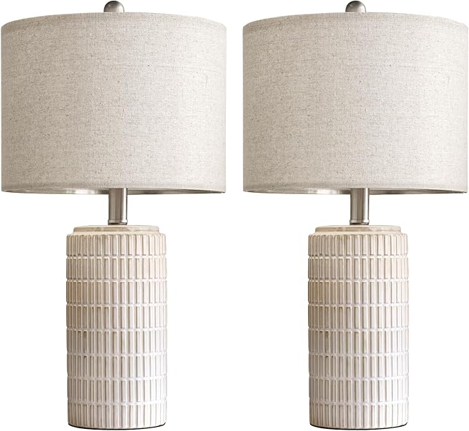 PoKat 23" Modern Ceramic Table Lamp Set of 2 for Living Room White Desk Lamps for Bedroom Farmhouse Bedside Nightstand Bedside Lamp End Table Lamps Beige - Bloomnest