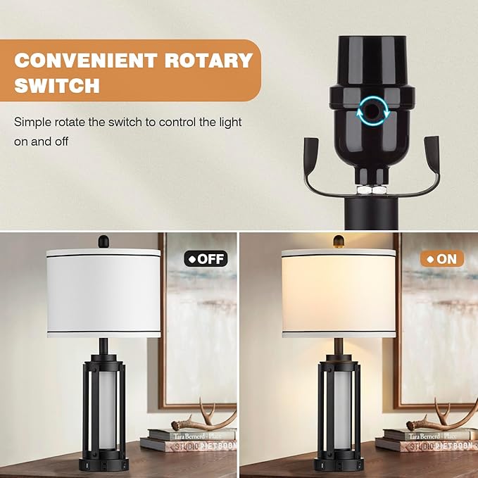 Industrial Table Lamps Set of 2, Modern Beside Lamp with USB A+C Charging Ports & AC Outlet, Rustic Nightstand Lamp with LED Night Light for Living Room Bedroom End Table Entryway Black Bulbs Included - Bloomnest