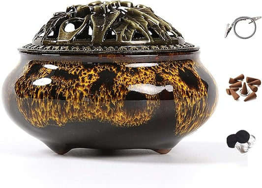 Incense Burner with Calabash Incense Stick Holder - Porcelain Charcoal Censer for Use with Resin Granular Powder Cone or Coil Incense (Fambe Yellow) - Bloomnest