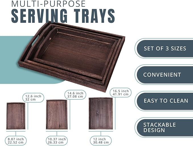 Comfify Serving Trays Set of 3 - Ottoman Wood Trays for Entertainment, Food and Decor - Rustic Farmhouse Distressed Wood Finish - Brown - Bloomnest