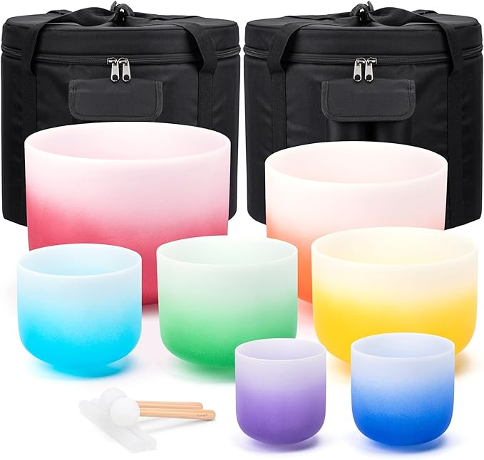 432HZ 7PCS Set Of 6-12 Inch Aria Gradient Design Frosted Quartz Crystal Singing Bowls With 2 PCS Travel Carry Case Bag