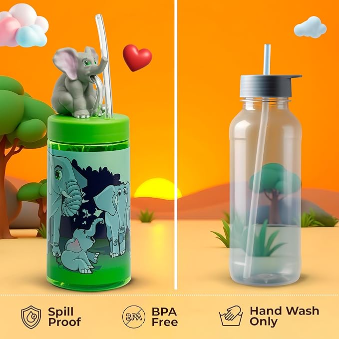 Kids Water Bottle, Toddler Cups, Tumbler with Lid and Straw, Travel Sippy Cup for Water or Milk, Kids Cups with Lids for Toddlers 3 and Up, BPA Free Plastic, 12 oz (Trend Zoo Elephant) - Bloomnest